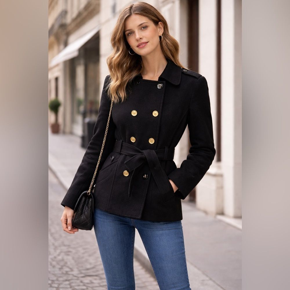 Sandro Paris Black Wool Blend Military Jacket Belted Gold Button Structured Coat